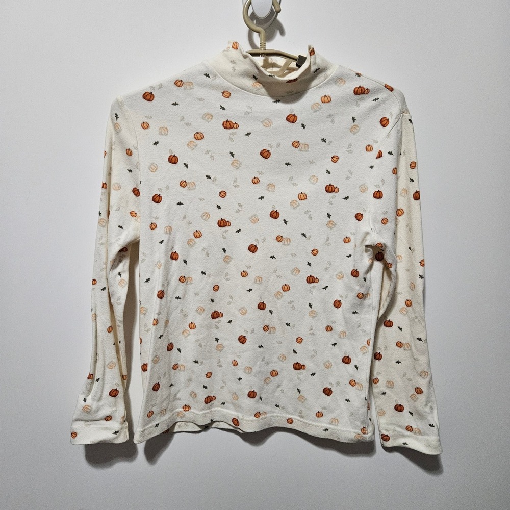 Vintage AOP Fall Pumpkin Turtleneck Shirt Top Small Petite Leaves Cotton
